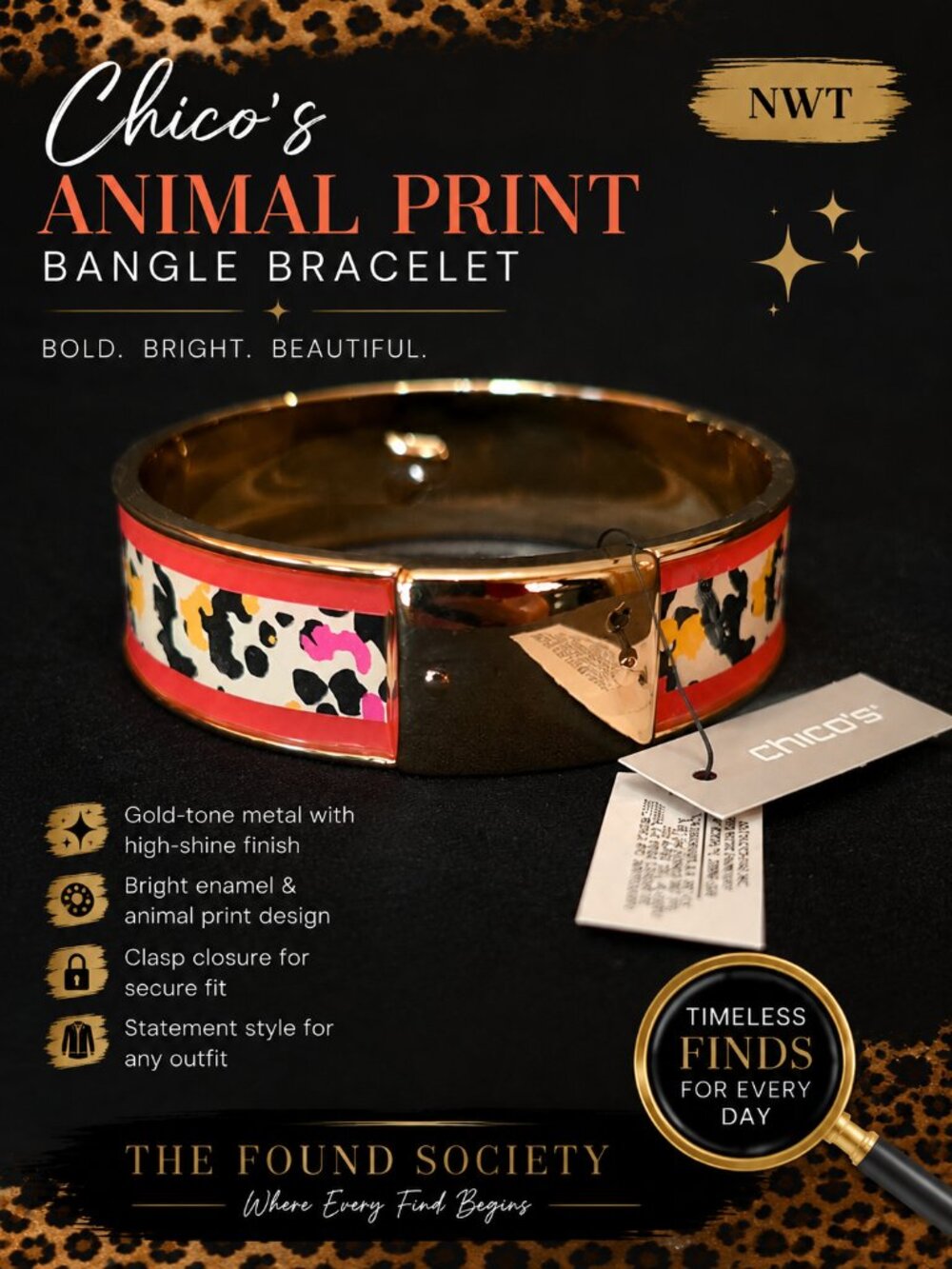 Chico's NWT Gold-Tone Enamel Animal Print Bangle Bracelet – MSRP $49.50